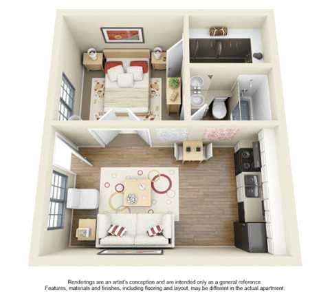 Floor plan for 1 bed, 1 bath, 418 sqft